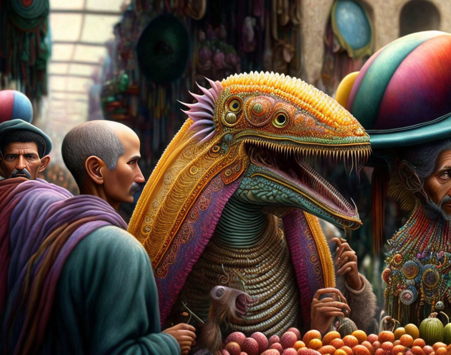 Vibrant market scene with colorful creature and people