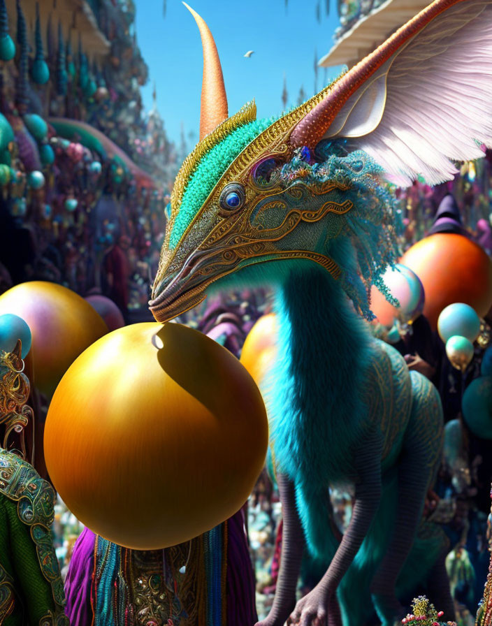 Vibrant mythical creature with bejeweled head and turquoise fur gazes at golden orb