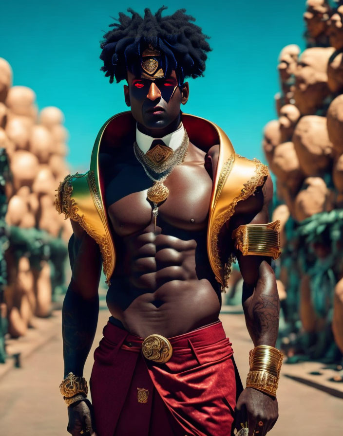 Shirtless man with black hair, gold armor, red sash, and medallion poses