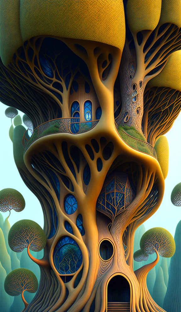 Surreal illustration of intricate tree with fantastical design