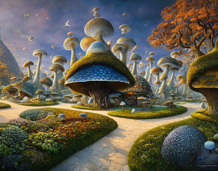 Whimsical landscape featuring oversized mushrooms and butterflies in golden sky