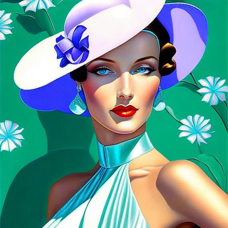 Detailed illustration of woman with blue eyes, red lipstick, white hat with purple ribbon on green backdrop.