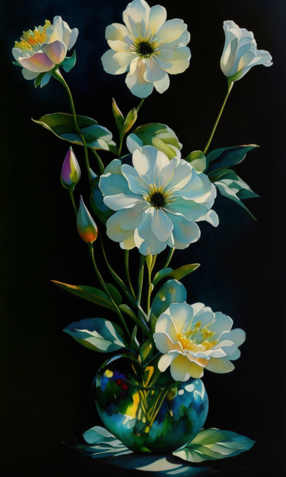 White Flowers with Yellow Centers in Green and Blue Vase on Dark Background