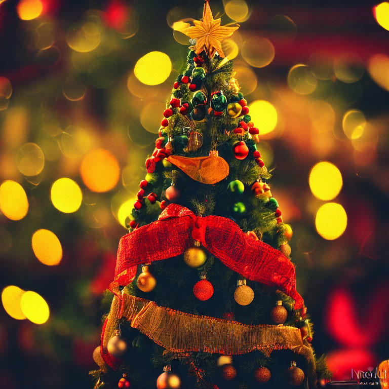 Festive Christmas tree with red and gold ornaments and star topper