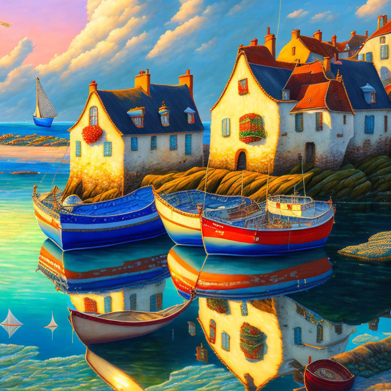 Vibrant Coastal Houses Painting by Calm Sea