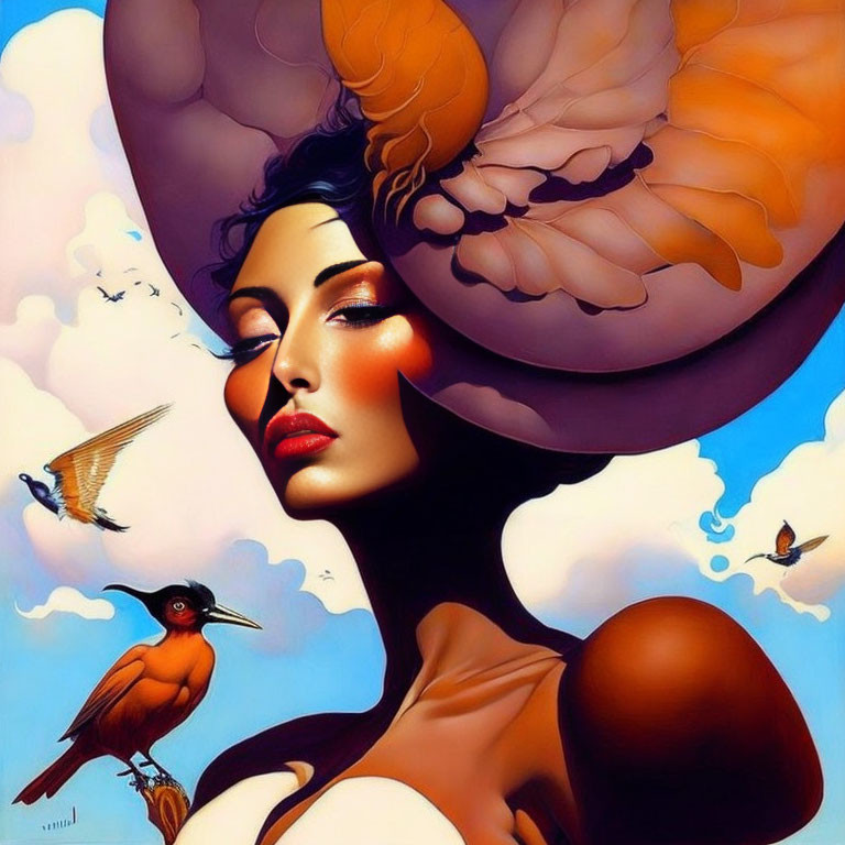 Colorful surreal portrait with elaborate hat and flying birds