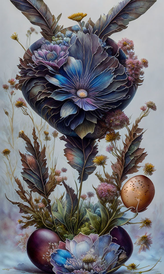 Surreal painting of vibrant flowers blooming from eggshells in purple hues