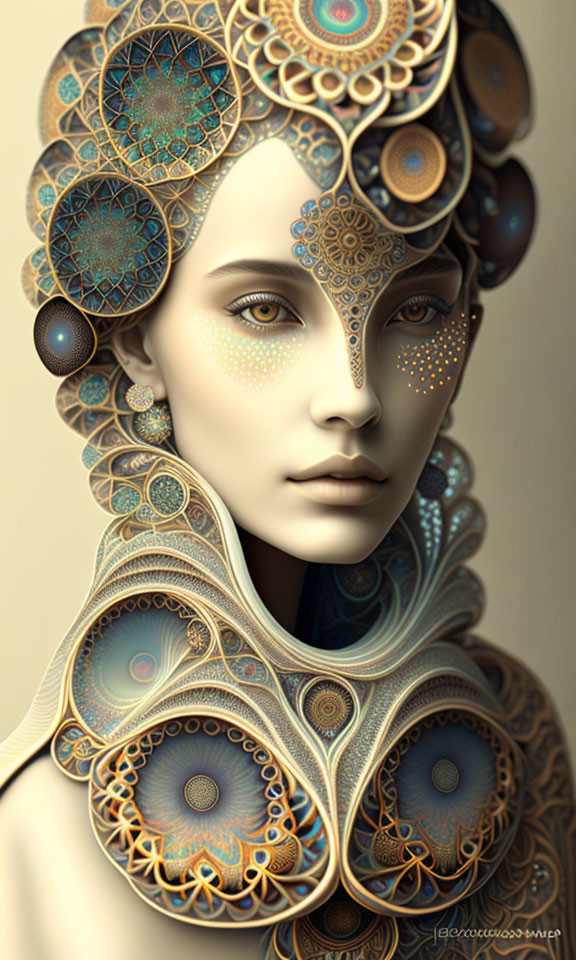 Digital Artwork: Female Figure with Ornate Circular Patterns in Gold, Blue, and Brown