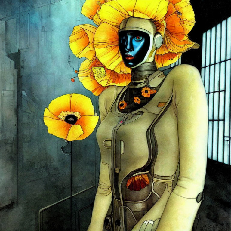 Illustration of humanoid robot with floral headpiece in industrial setting