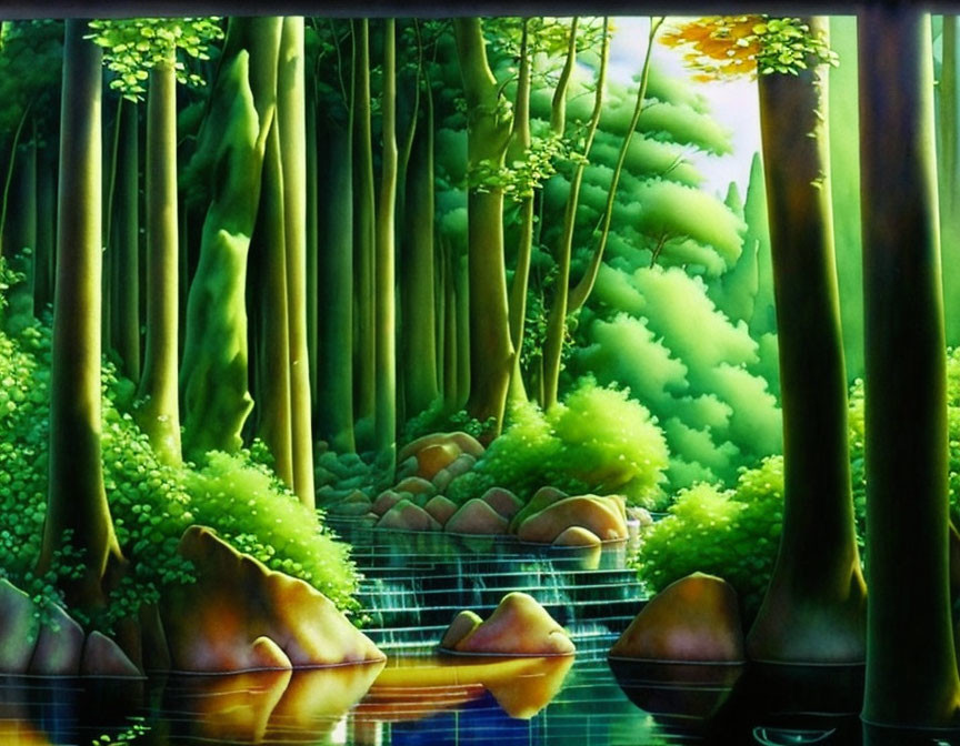 Lush Green Bamboo Forest Painting with Sunlight and Water Reflections