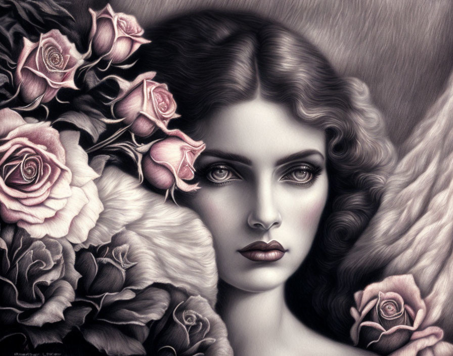 Monochrome illustration of woman with wavy hair and roses - ethereal and romantic vibe