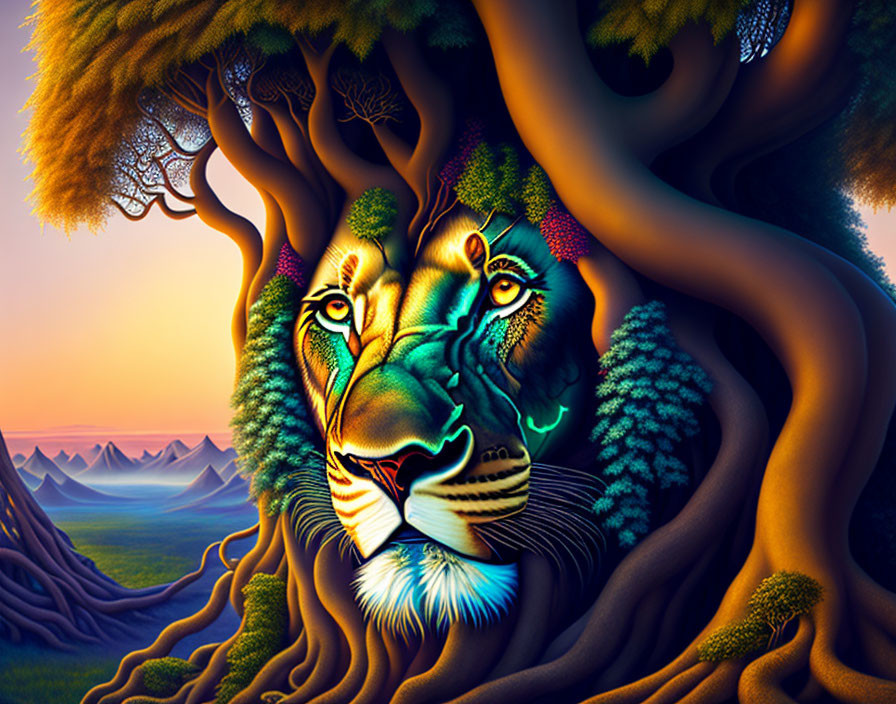 Lion's face merged with forest landscape in vibrant artwork