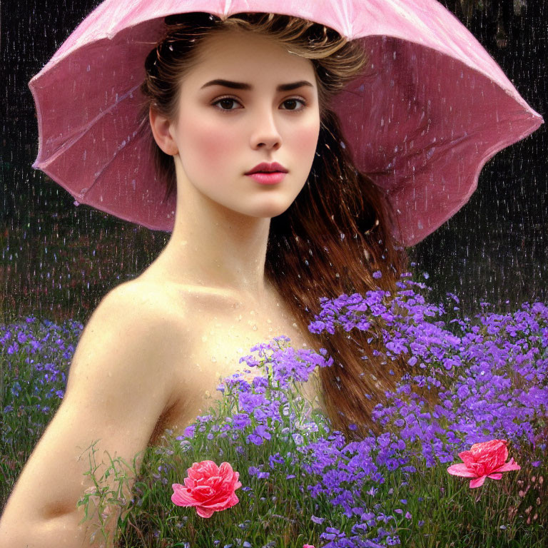 Woman with pink umbrella surrounded by purple flowers and rain droplets, red roses in focus