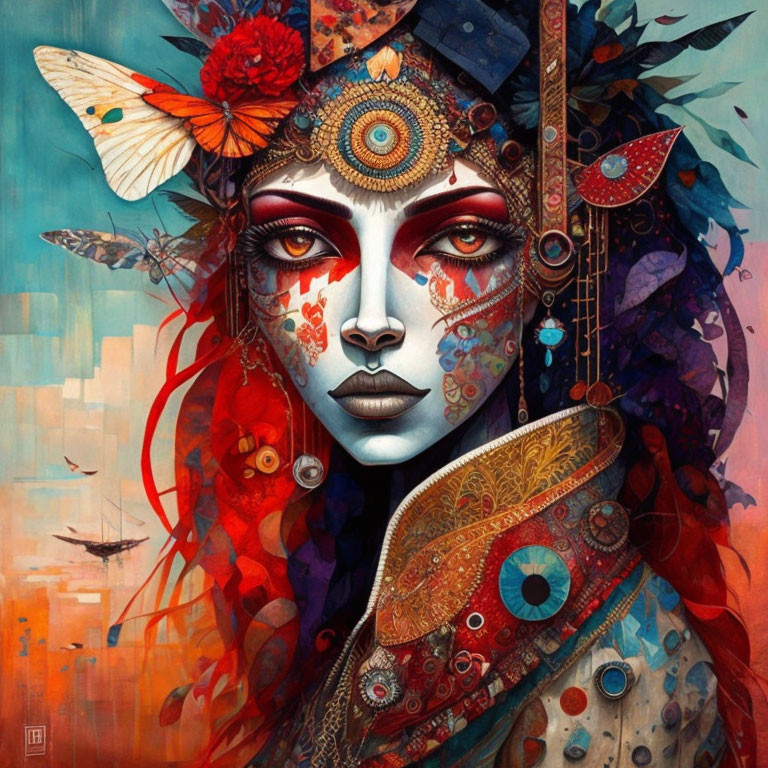 Colorful surreal portrait of a woman with elaborate face paint and butterfly, exuding mystical essence