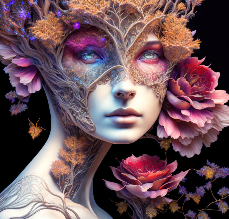 Fantastical Female Figure with Floral Designs on Dark Background