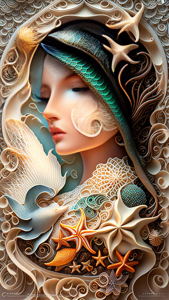 Surreal portrait merging woman's face with marine life elements