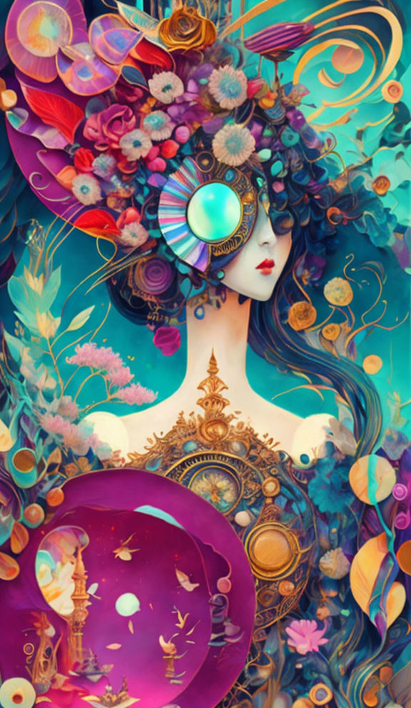 Colorful digital artwork of mystical female figure with ornate headdress in surreal setting