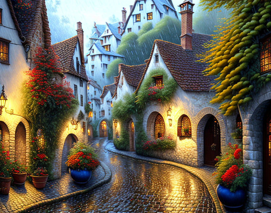 Picturesque cobblestone street with quaint houses and flowers in a fairy-tale village at dusk