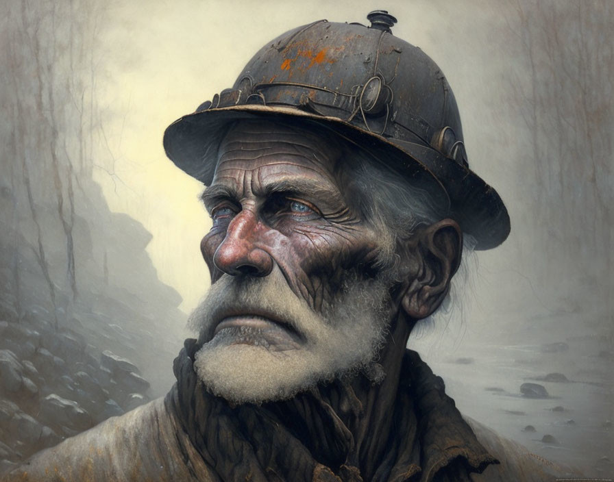 Elderly man in rusty medieval helmet gazes pensively in misty setting