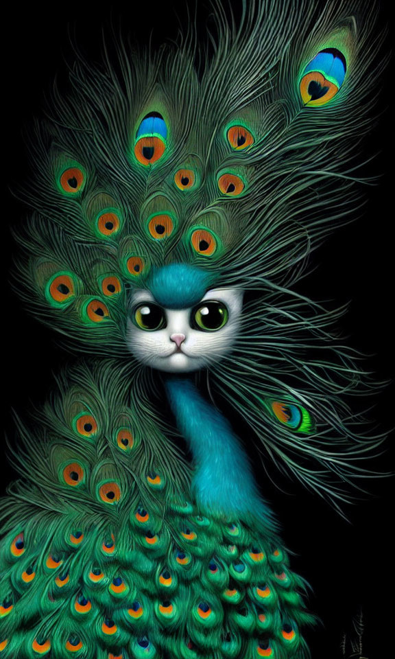 Colorful Cat Illustration with Peacock Feathers on Dark Background