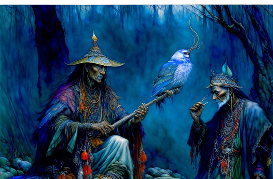 Mystical shamans in elaborate robes commune with blue bird in ethereal forest