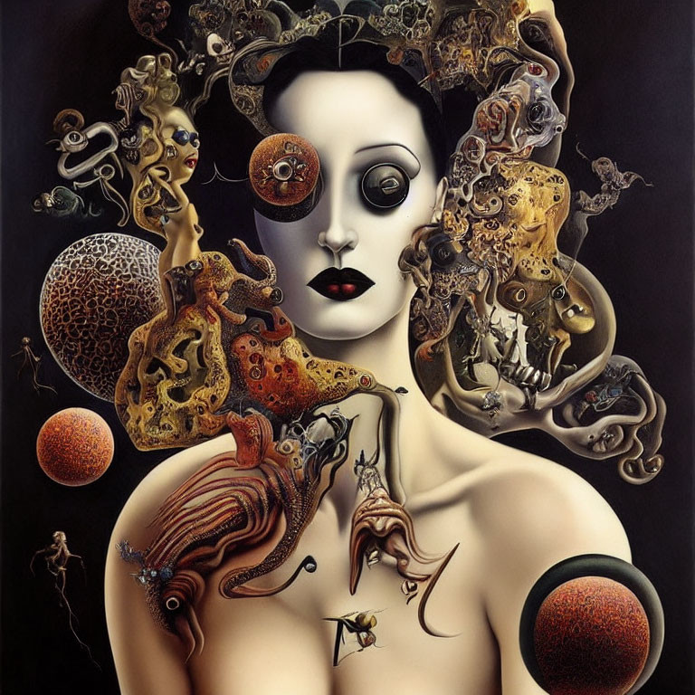 Surreal painting of female figure with bizarre elements and textures