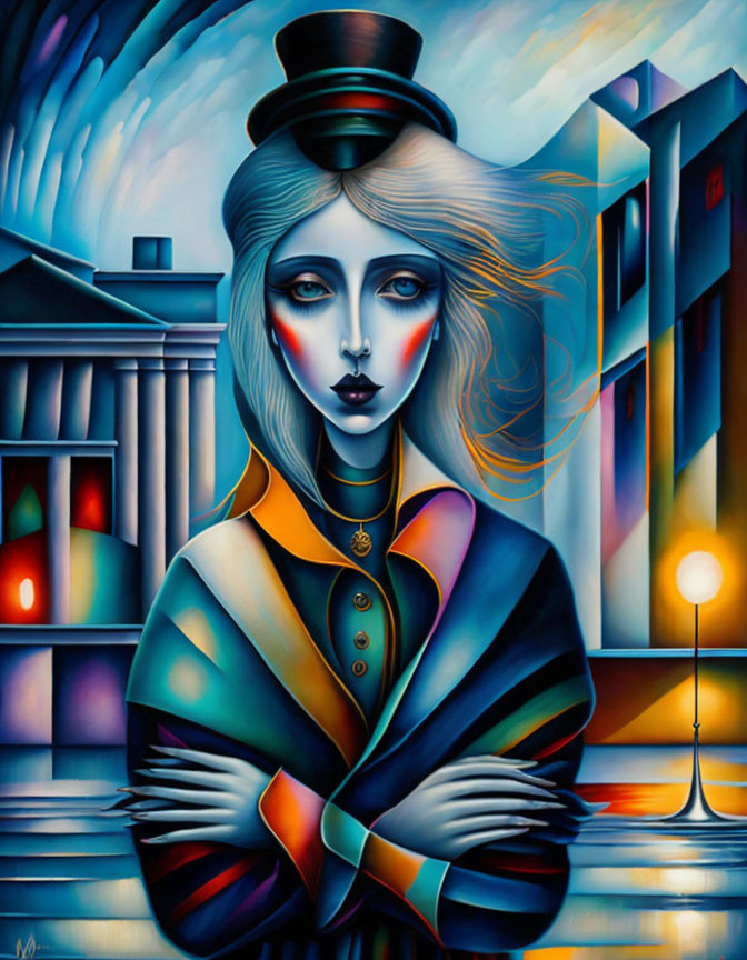 Colorful Surrealist Woman Portrait with Top Hat in Abstract Cityscape