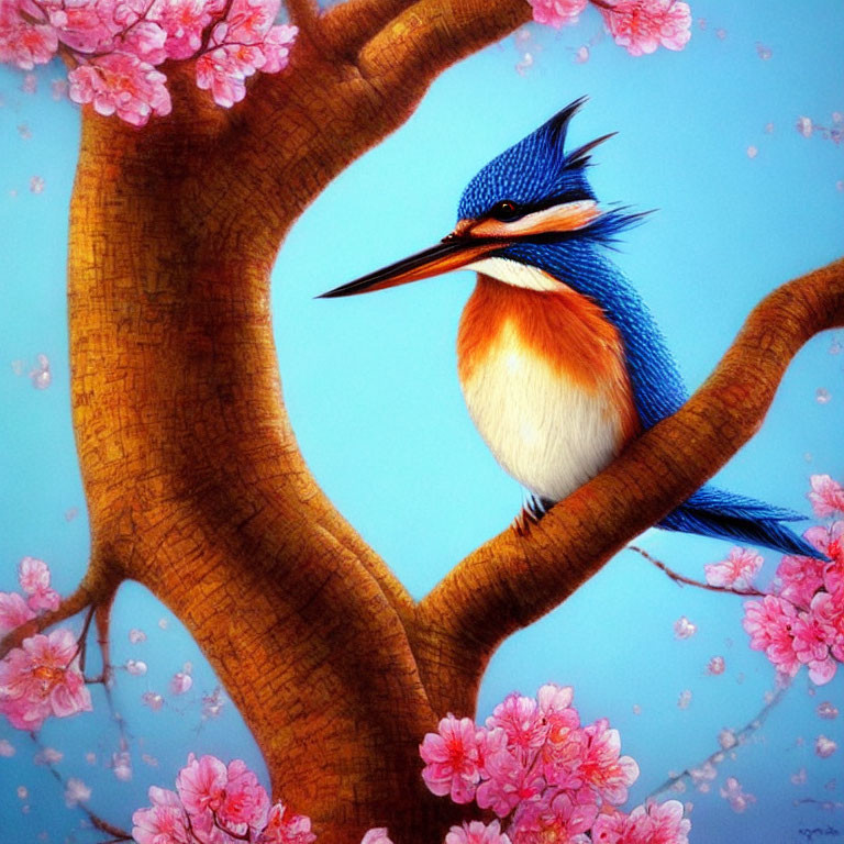 Vibrant kingfisher on brown branch with cherry blossoms and blue background