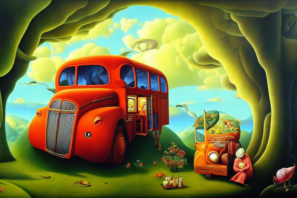 Surrealist anthropomorphic orange bus under lush green tree