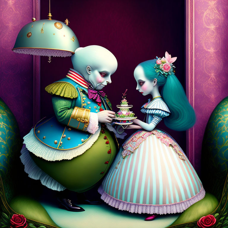 Ornately Dressed Doll-like Figures Sharing Cake in Dreamy Setting