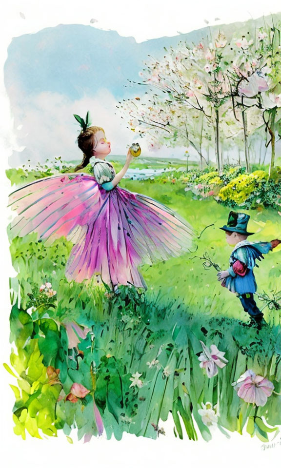 Child in fairy costume meets small figure in garden setting