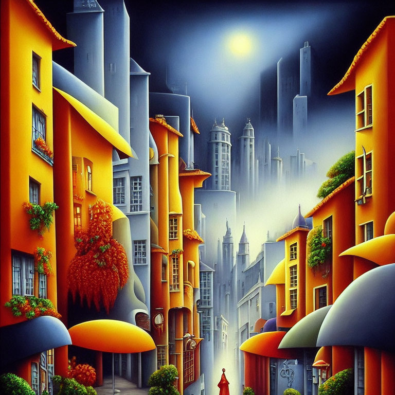 Surrealist cityscape painting with orange buildings and lone figure