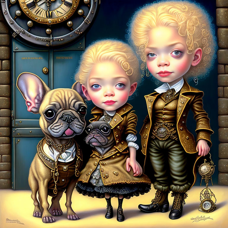 Stylized children and French Bulldog in steampunk outfits with pug and ornate clock