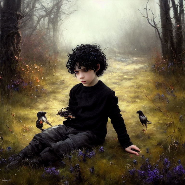 Curly-Haired Child in Misty Forest Clearing with Birds