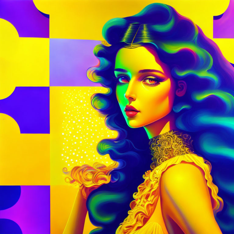 Colorful digital artwork: woman with rainbow hair on checkered background