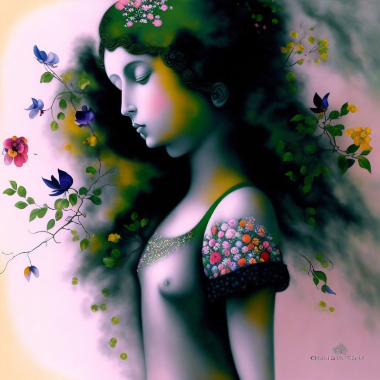 Stylized painting of woman with dark hair and floral adornments on pastel background