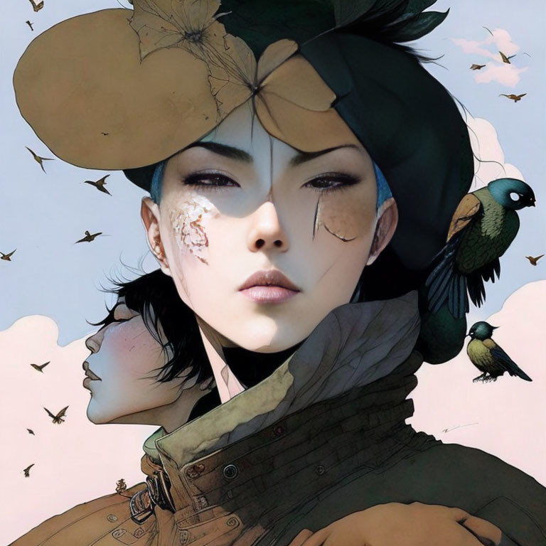 Stylized digital artwork featuring two women and birds in a pale sky