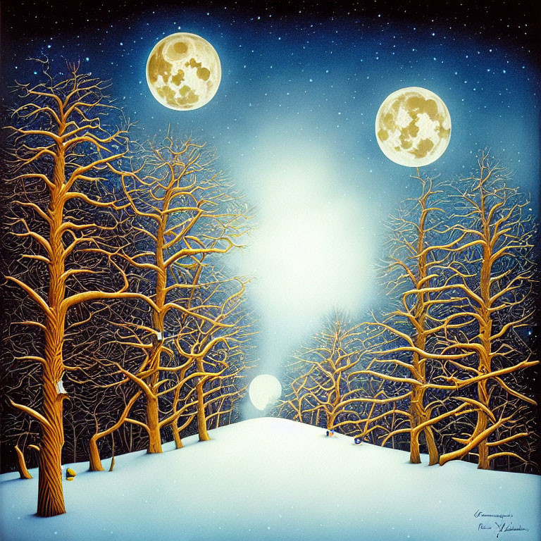 Snow-covered surreal landscape with three moons in starry night sky