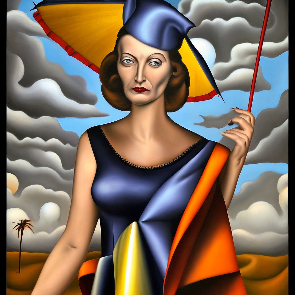 Surreal portrait of woman with red umbrella in desert landscape