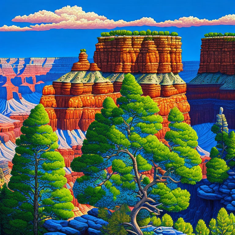 Colorful Desert Landscape with Rock Formations and Pine Trees