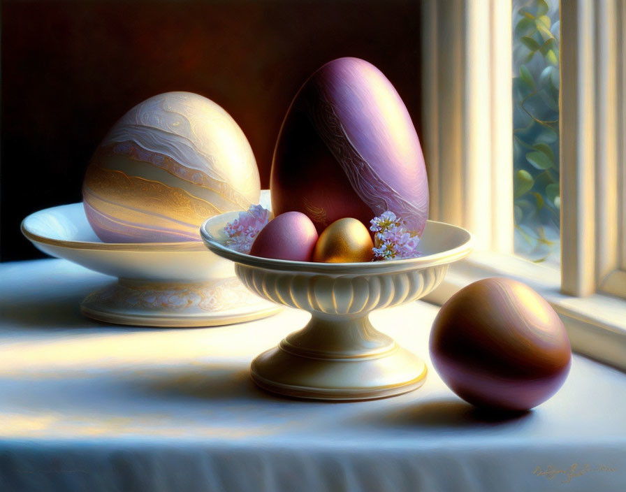 Ornately decorated eggs in a still life arrangement