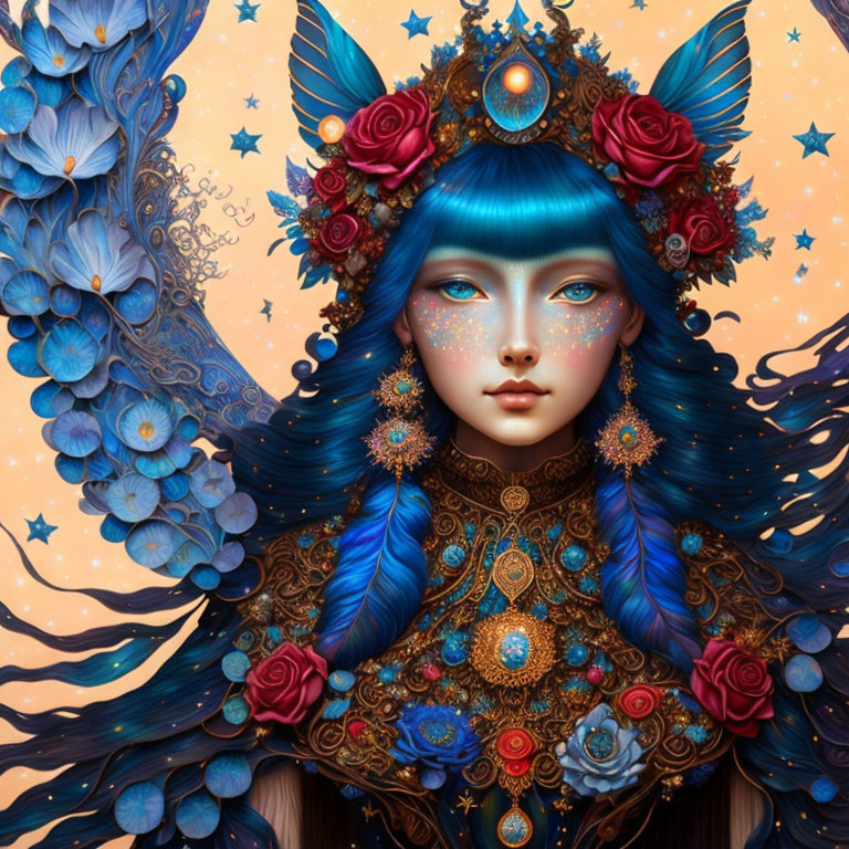 Detailed Female Figure with Blue Skin & Ornate Headdress Surrounded by Butterflies