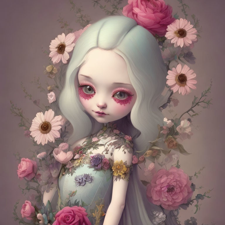 Illustrated girl with pastel blue hair among pink and white flowers