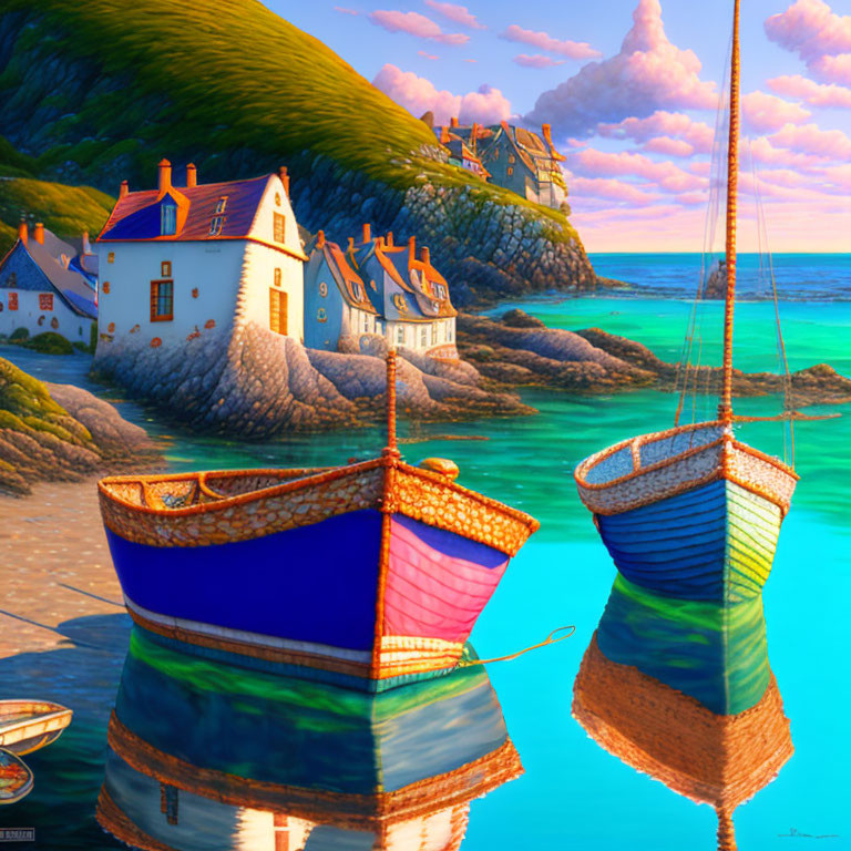 Colorful boats and quaint houses in peaceful seaside digital art