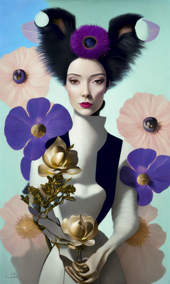 Surreal portrait of woman with stylized makeup and flowers