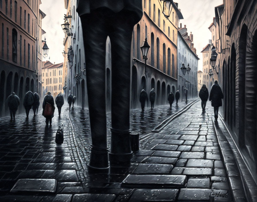 Pedestrians with umbrellas on rainy city street with historic buildings