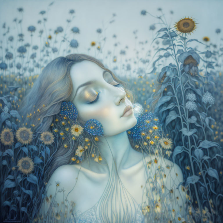 Woman with closed eyes in sunflower field under hazy sky