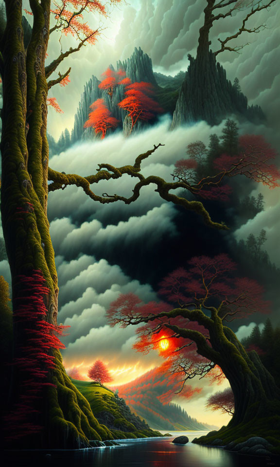 Surreal landscape with towering trees, red foliage, fog, river, glowing sun