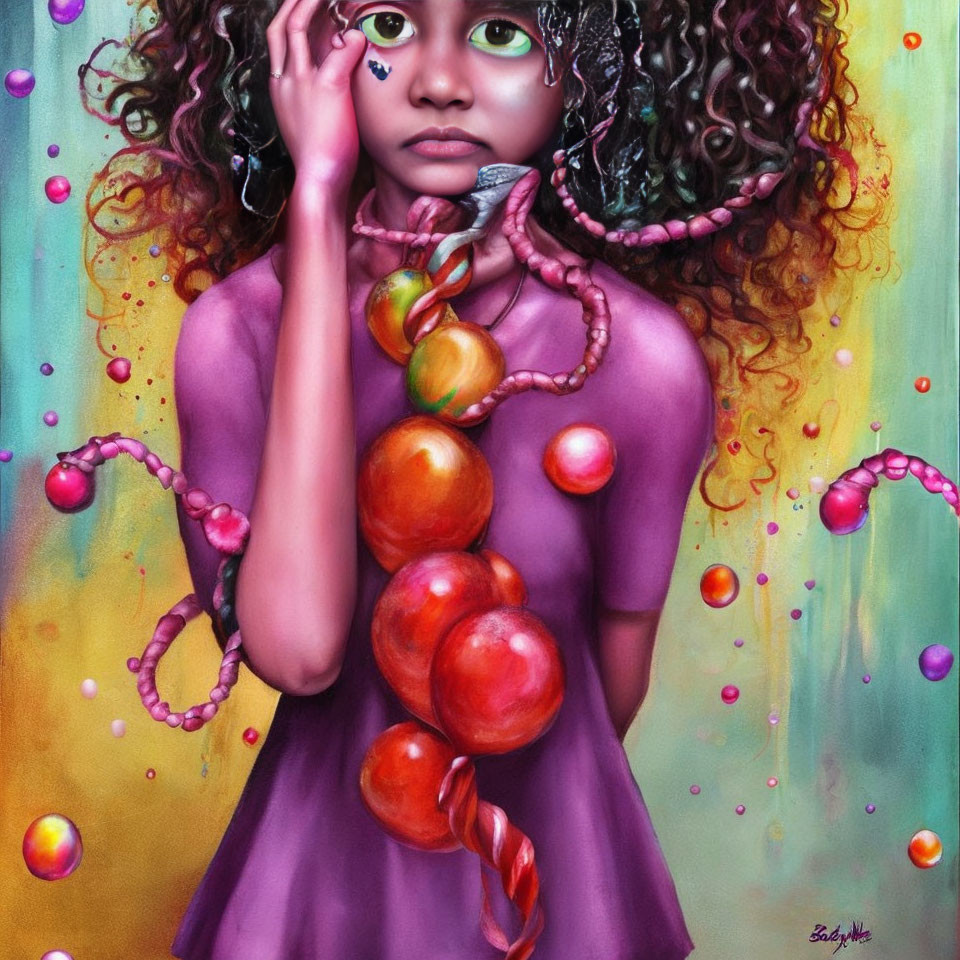 Vibrant digital artwork of a girl with green eyes and curly hair