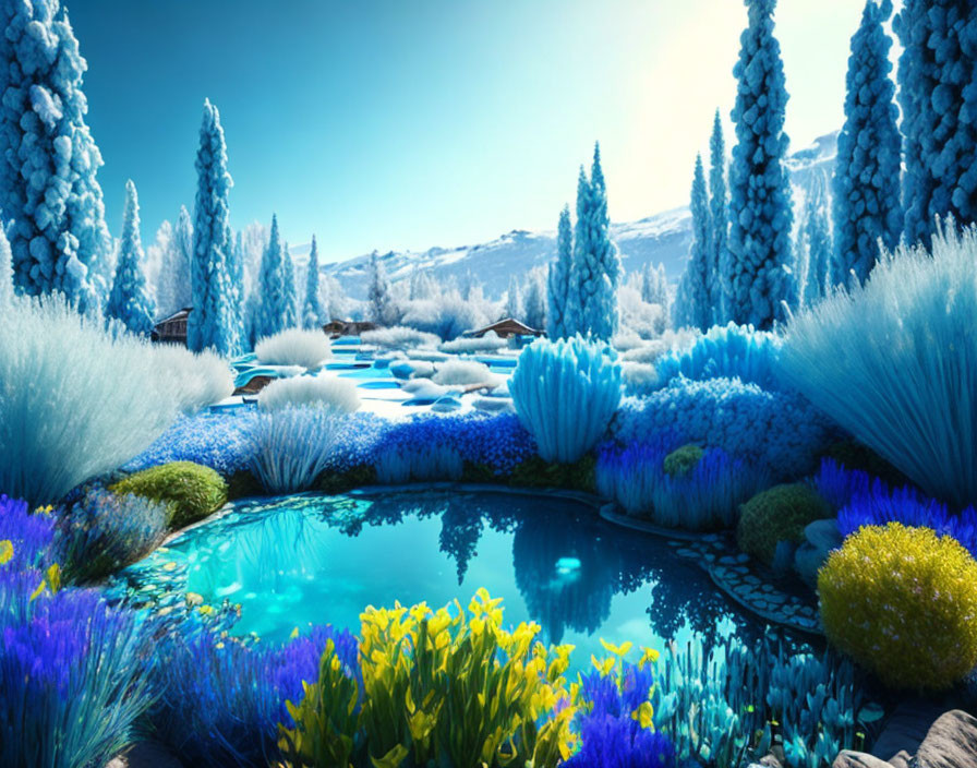 Surreal landscape with blue and green foliage, tranquil pond, snow-covered mountains